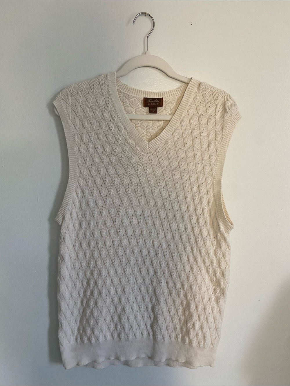 Vintage Cream Diamond Cable Knit V-Neck Golf Sweater Vest Small